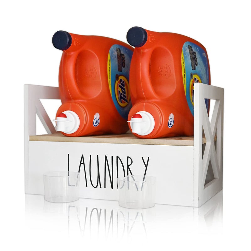 CHONIC Detergent Holder for Laundry Room Farmhouse Dispenser Liquid Soap Storage Organization Stand With Drip Catcher Tray and Measuring Cup Laundry Station Organizer White